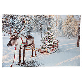 Lighted Christmas canvas picture snowy trees reindeer pulling sleigh 40x60 cm