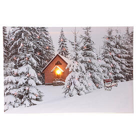Leuchtendes weihnachtliches Bild mit verschneiter Landschaft und Häuschen, 40x60 cm