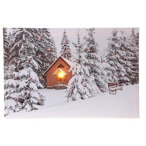 Lighted Christmas canvas with snow cabin and trees 40x60 cm 1
