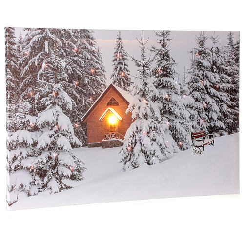 Lighted Christmas canvas with snow cabin and trees 40x60 cm 2