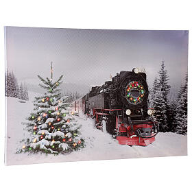 Christmas canvas with fiber optic, snowy landscape with train, 40x60 cm