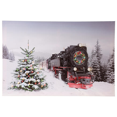Christmas canvas with fiber optic, snowy landscape with train, 40x60 cm 1