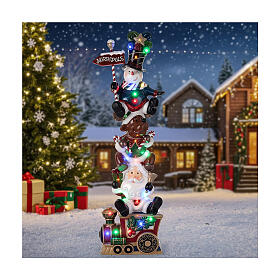 Babbo Natale renna e pupazzo di neve sul treno h 180 cm LED
