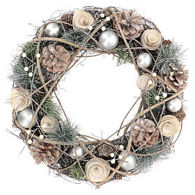 White Christmas wreath, silver Christmas balls, pinecones and glitter, 34 cm
