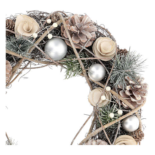 White Christmas wreath, silver Christmas balls, pinecones and glitter, 34 cm 2