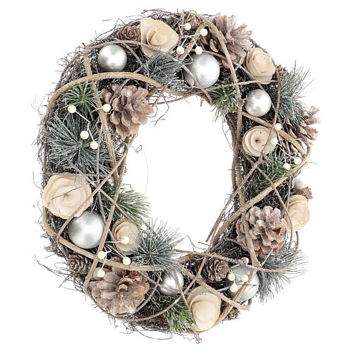 White Christmas wreath, silver Christmas balls, pinecones and glitter, 34 cm 4