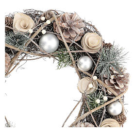 Grinalda de Natal branca bolinhas prateadas, pinhas e glitter 34 cm