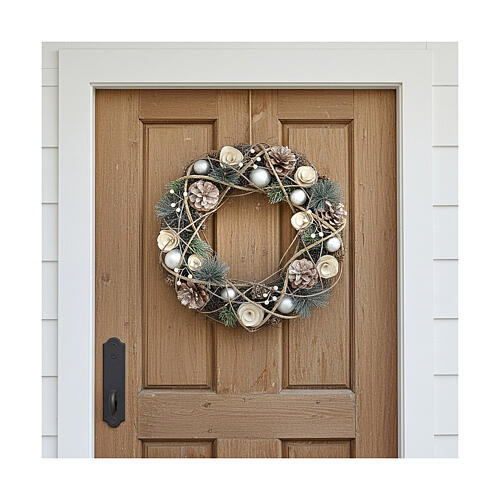 Christmas wreath white balls silver glitter pinecones 34 cm 2