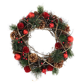 Red Christmas wreath with glitter, pinecones, berries and Christmas balls, 34 cm