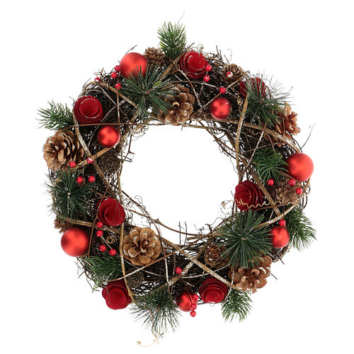 Red Christmas wreath with glitter, pinecones, berries and Christmas balls, 34 cm 1