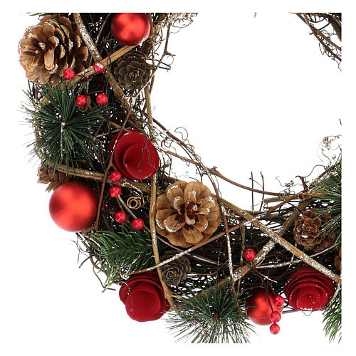 Red Christmas wreath with glitter, pinecones, berries and Christmas balls, 34 cm 2