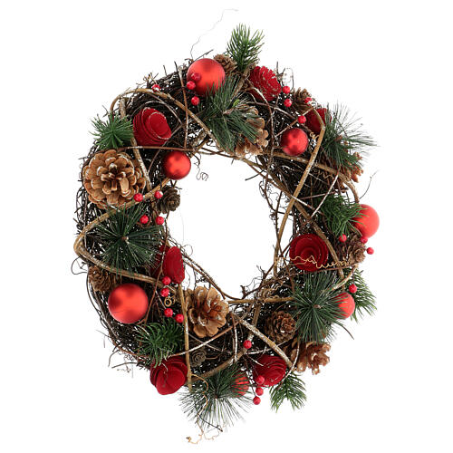 Red Christmas wreath with glitter, pinecones, berries and Christmas balls, 34 cm 3