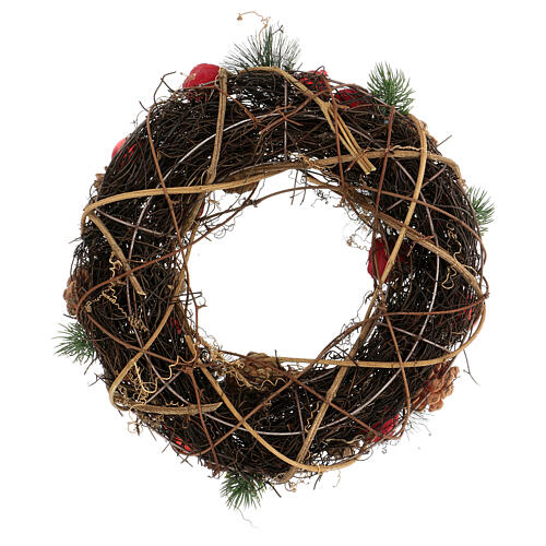 Red Christmas wreath with glitter, pinecones, berries and Christmas balls, 34 cm 4