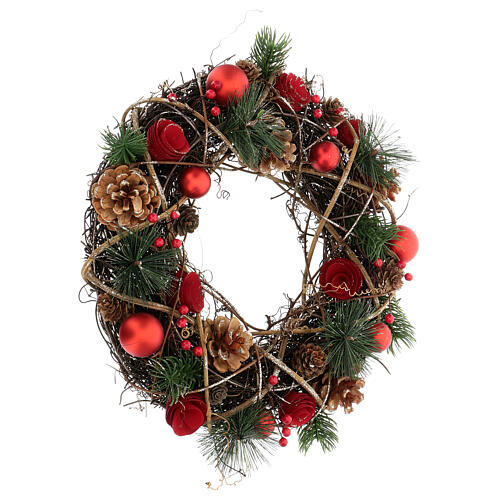 Couronne de Noël boules et baies rouges pommes de pin paillettes 34 cm 3