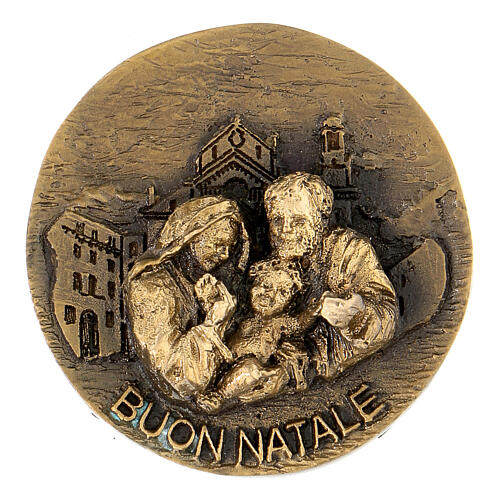 Frohe Weihnachten Medaille aus Legierung mit Heiliger Familie, 6 cm 1