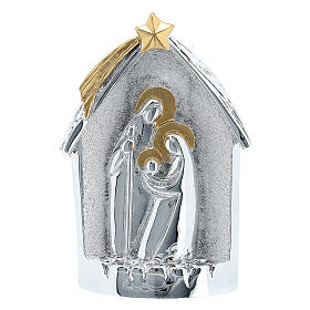 Natividad en cabaña plata y oro 9 cm resina plateada