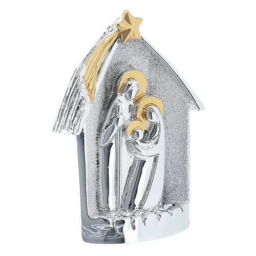 Natividad en cabaña plata y oro 9 cm resina plateada 3