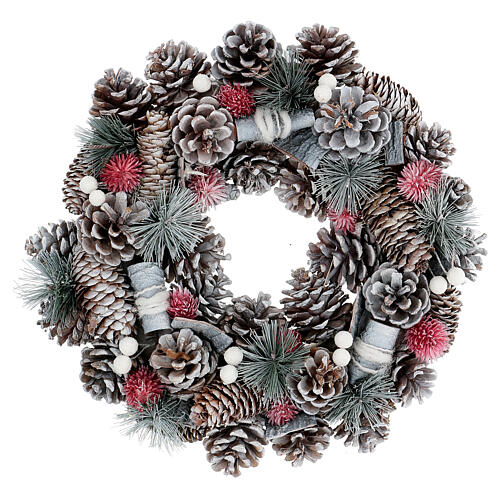 Christmas wreath 35 cm snowy pinecones and leaves 1