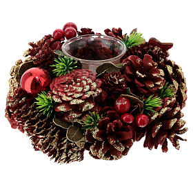 Bougeoir rouge de Noël pour bougie 4 cm pommes de pin et boules 20x10 cm