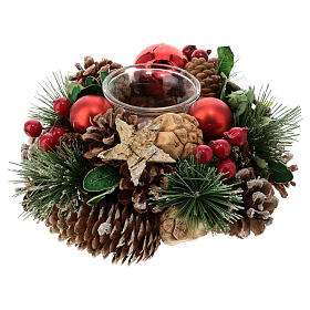 Bougeoir de Noël pour bougie 3 cm pommes de pin natures et boules rouges 17x10 cm