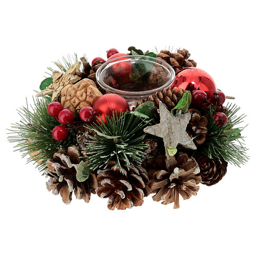 Bougeoir de Noël pour bougie 3 cm pommes de pin natures et boules rouges 17x10 cm 3