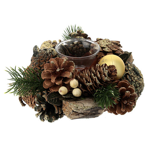 Christmas candleholder for 1.8 in candle, wood and golden wreath, 8x3.5 in 3