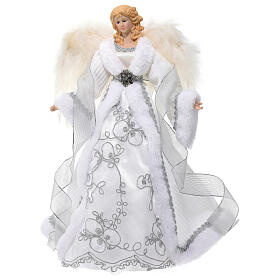 Angel-shaped topper, wings with feathers and white fabric dress, 18 in