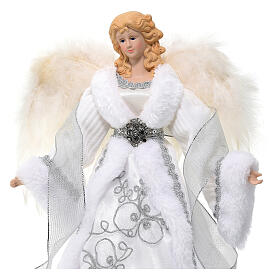 Angel-shaped topper, wings with feathers and white fabric dress, 18 in