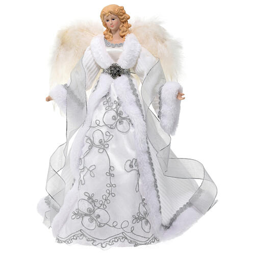 Angel-shaped topper, wings with feathers and white fabric dress, 18 in 1