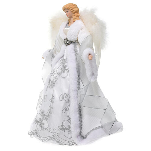 Angel-shaped topper, wings with feathers and white fabric dress, 18 in 3