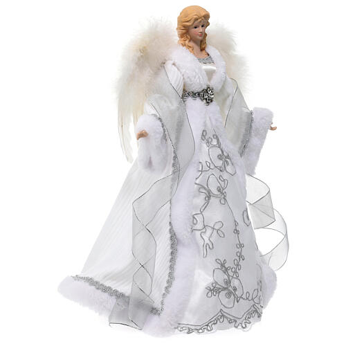 Angel-shaped topper, wings with feathers and white fabric dress, 18 in 4