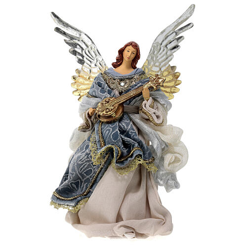 Blue angel with guitare, Christmas tree topper, resin and fabric, 35 cm 1