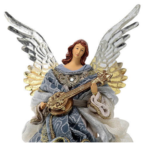 Blue angel with guitare, Christmas tree topper, resin and fabric, 35 cm 2