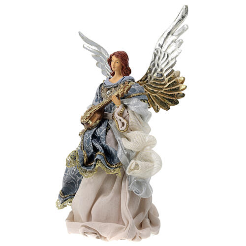 Blue angel with guitare, Christmas tree topper, resin and fabric, 35 cm 3