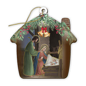 House-shaped wooden ornament with Nativity 4x4 in