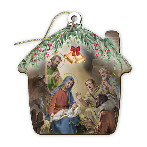 House-shaped wooden ornament with Adoration of the Shepherds 4x4 in 1