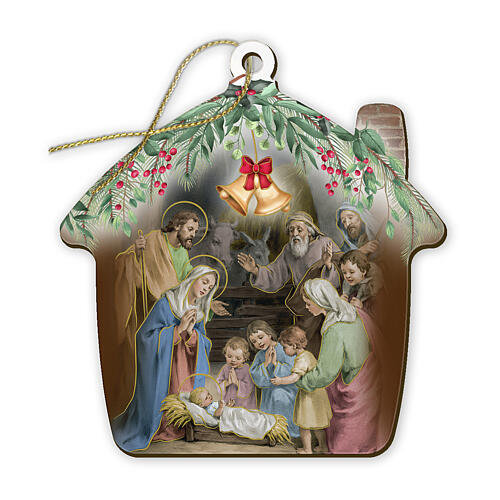 House-shaped wooden ornament with Nativity and children in adoration 4x3 in 1
