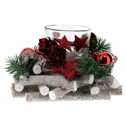 Christmas candleholder of 2 in, wood, red ornaments, 5x3 in 1