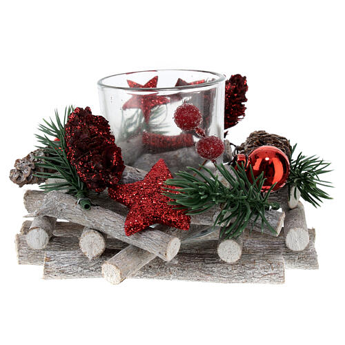 Bougeoir de Noël 5 cm bois et décorations rouges 12x8 cm 3