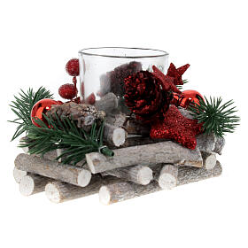 Castiçal natalino 5 cm madeira e enfeites vermelhos 12x8 cm