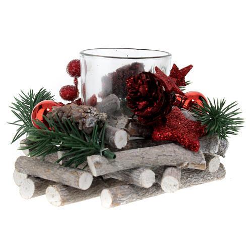 Christmas candle holder 5 cm wood red leaves 12x8cm 2