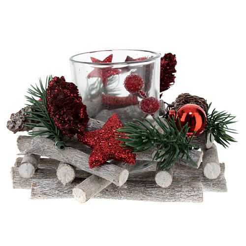 Christmas candle holder 5 cm wood red leaves 12x8cm 3