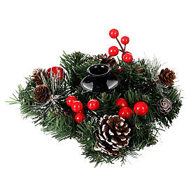 Christmas candle holder 10x20 cm with red berries and pine cones