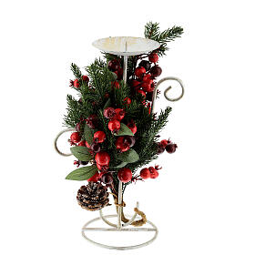 Candle holder 10 cm Christmas red berries leaves 30 cm