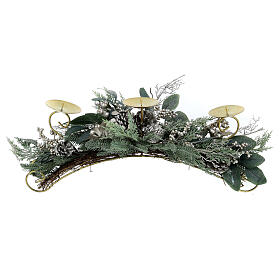 Podstawa 3 gniazda z kolcem na świeczki, dek. szyszki srebrne i liście, szer. 70 cm