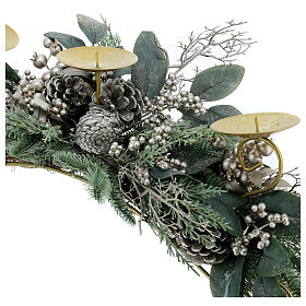 Silver pine cones candle holder leaves 3 spikes 70 cm