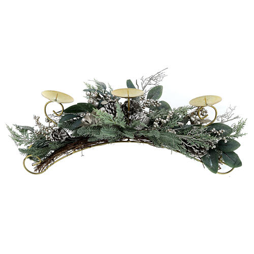 Silver pine cones candle holder leaves 3 spikes 70 cm 1