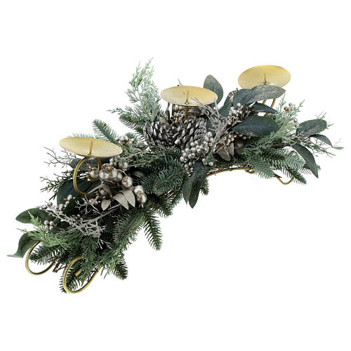 Silver pine cones candle holder leaves 3 spikes 70 cm 5