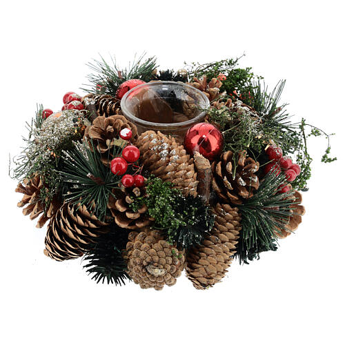 Christmas candle holder 5 cm pine cones red berries 20 cm 1