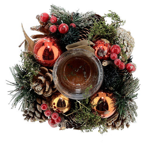 Podstawka na świeczkę 5 cm bożonarodzeniowa, dek. kulki i jagody czerwone, śr. 15 cm 2